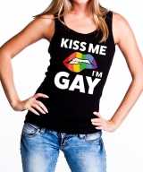 Kiss me i am gay tanktop mouwloos shirt zwart dames