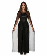 Lange zwarte halloween verkleed jurk cape dames