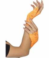 Vingerloze neon oranje handschoenen van kant